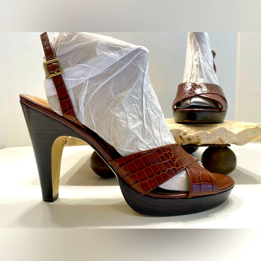 Franco Sarto Viper Brown Leather Platform Slingback Ultra High Heels Sz 10